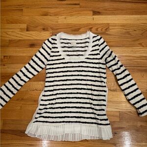 Anthropologie Navy (dark) and White Striped Blouse with Pleated Detail